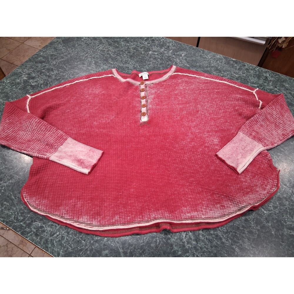 Sundance Gentry waffle knit Henley top long sleeved red distressed oversized LRG